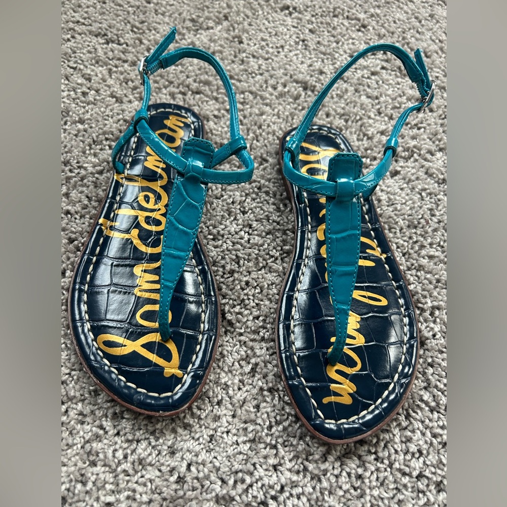 Girls Sam Edelman Teal T-Strap Croc-Embossed Sandals
